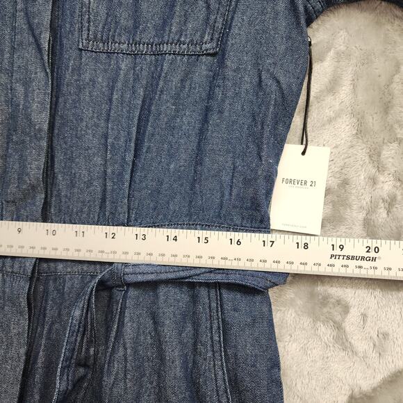 NEW Forever 21 Coverall Jumpsuit Womens M Blue Chambray Long Sleeve Tie Waist - Picture 12 of 15